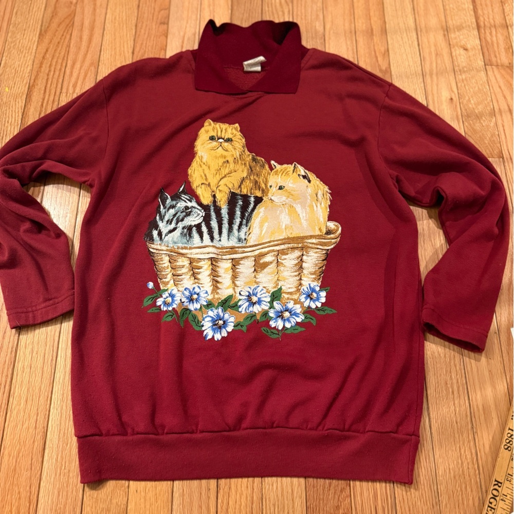 VTG Red Cat Sweatshirt with Collar grandmacore granny cat lover cat lady